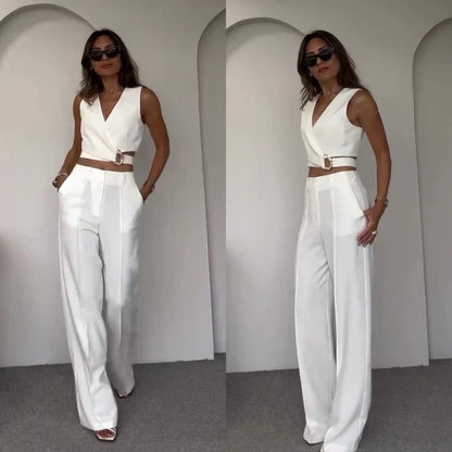 Damen-Set, zweiteilig, kurzes Top, hohe Hose, erstklassiger Stoff-1