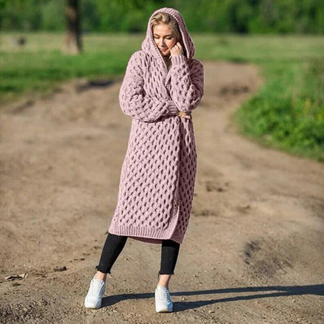 Lange Strickjacke für Damen Kapuze und Strukturiertes Muster aus Polyester 7