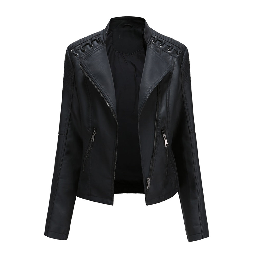 Damen-Lederjacke, gepolsterte Schultern, trendiges Design-1