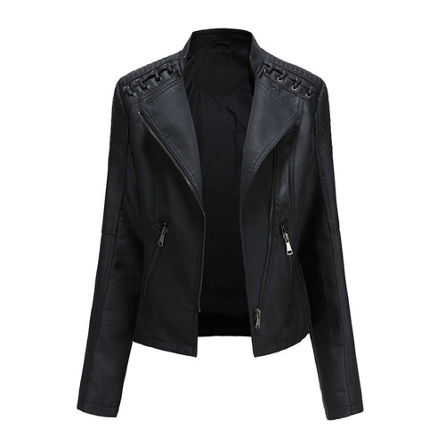 Damen-Lederjacke, gepolsterte Schultern, trendiges Design-1