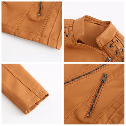 Damenjacke Elegant PU-Leder mit Stehkragen und mehreren Taschen-4