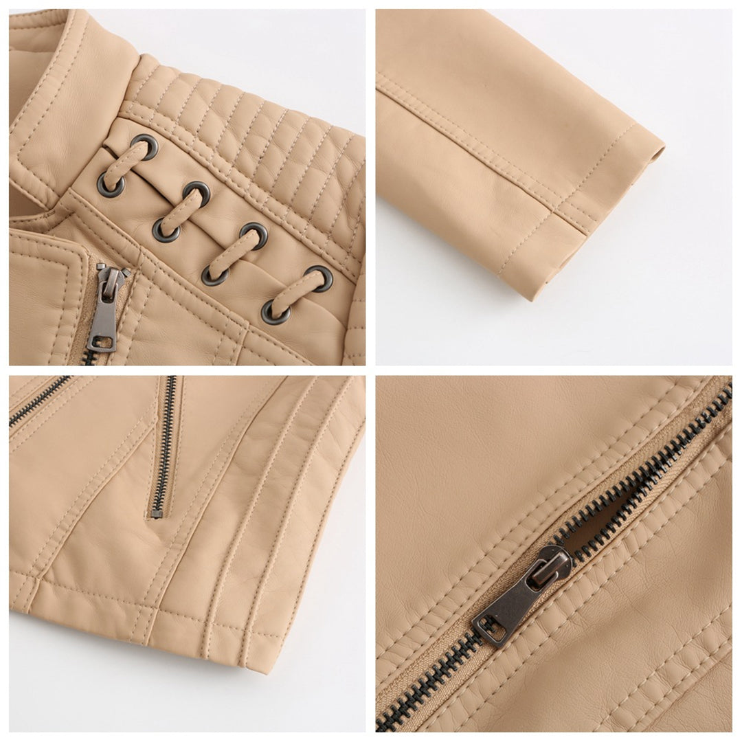 Damen-Lederjacke, gepolsterte Schultern, trendiges Design-5