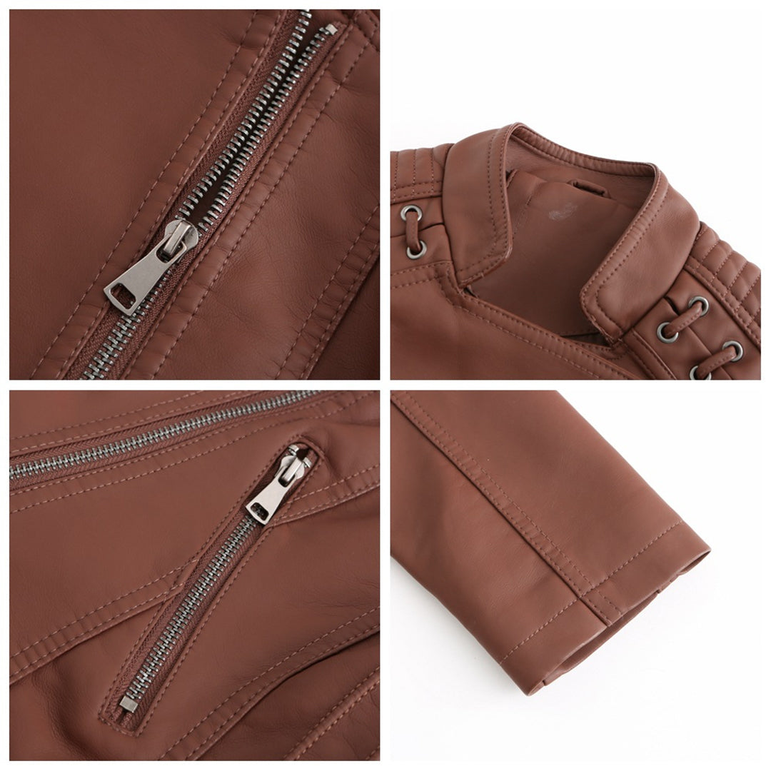 Damen-Lederjacke, gepolsterte Schultern, trendiges Design-3