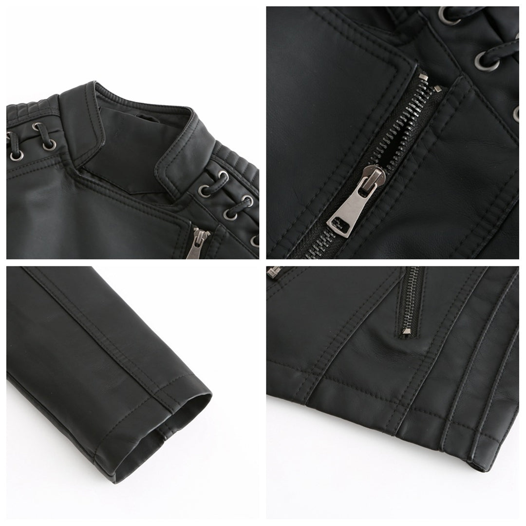 Damenjacke Elegant PU-Leder mit Stehkragen und mehreren Taschen-2