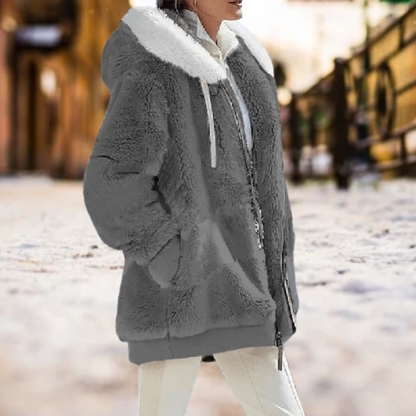Damen-Plüschjacke mit Kapuze und Reißverschluss aus Baumwollpolyester – warme und trendige Jacke für Herbst und Winter 3