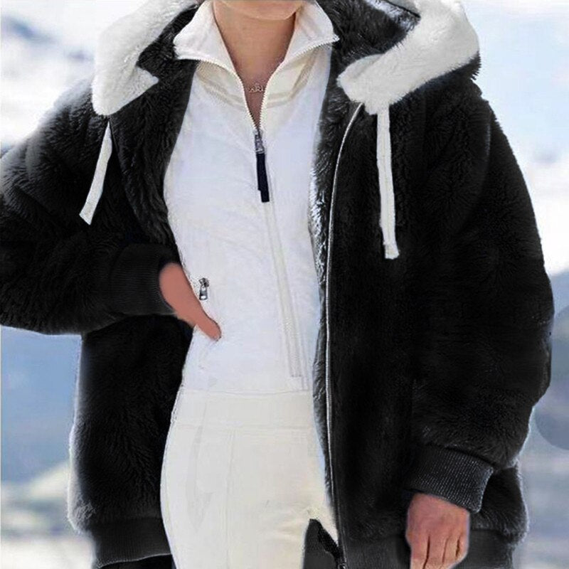 Plüsch-Damenjacke mit Kapuze und Reißverschluss aus Baumwoll-Polyester – warme und trendige Jacke für Herbst und Winter 6