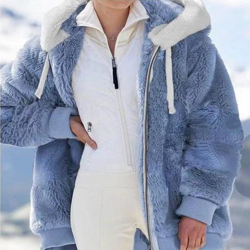 Damen-Plüschjacke mit Kapuze und Reißverschluss aus Baumwollpolyester – warme und trendige Jacke für Herbst und Winter 18