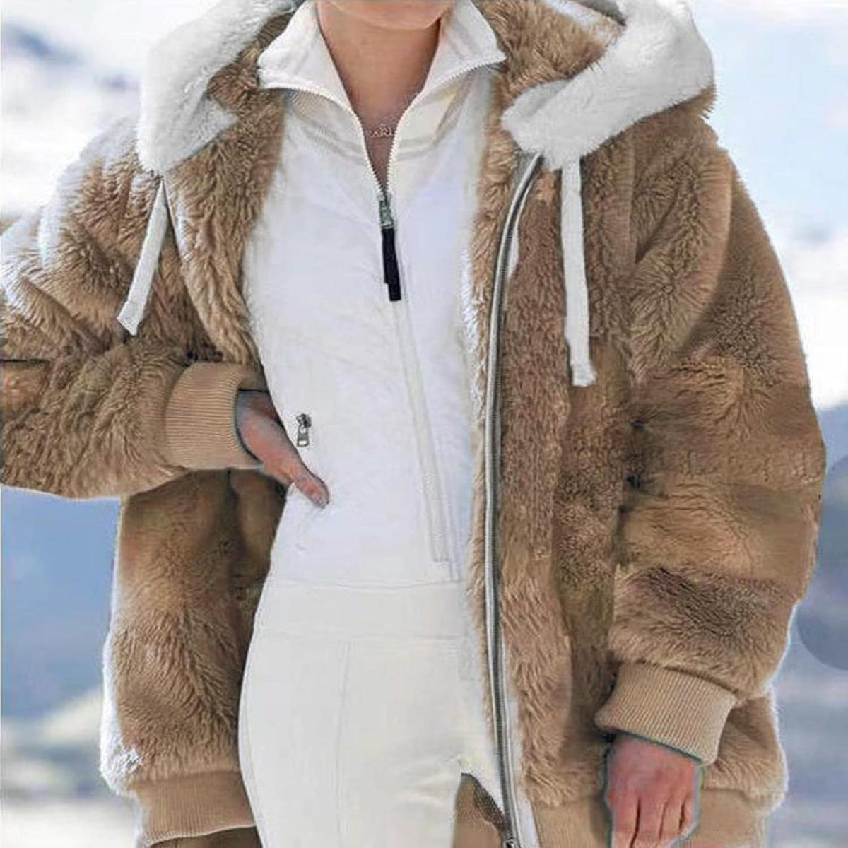 Damenjacke aus Plüsch mit Kapuze und Reißverschluss aus Baumwoll-Polyester – warme und trendige Jacke für Herbst und Winter 17