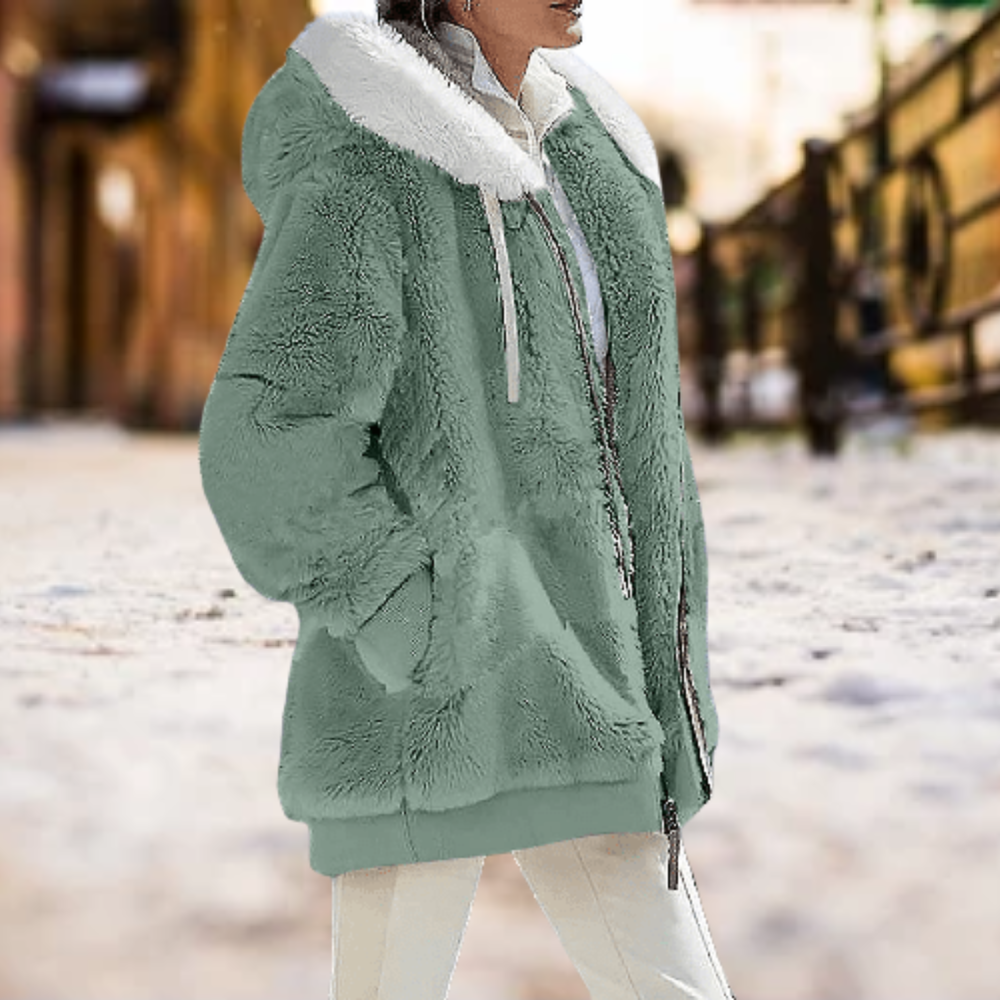 Damenjacke aus Plüsch mit Kapuze und Reißverschluss aus Baumwoll-Polyester – warme und trendige Jacke für Herbst und Winter 1