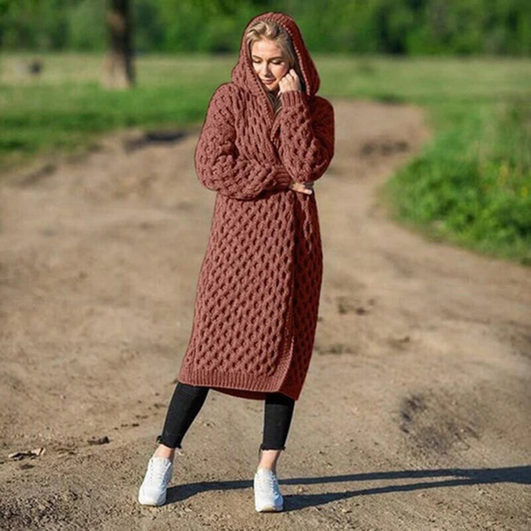 Lange Strickjacke für Damen Kapuze und Strukturiertes Muster aus Polyester 3