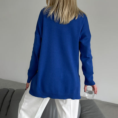 Damen-Strickpullover, hoher Kragen, Viskose-Mischung mit Seitenschlitz-6