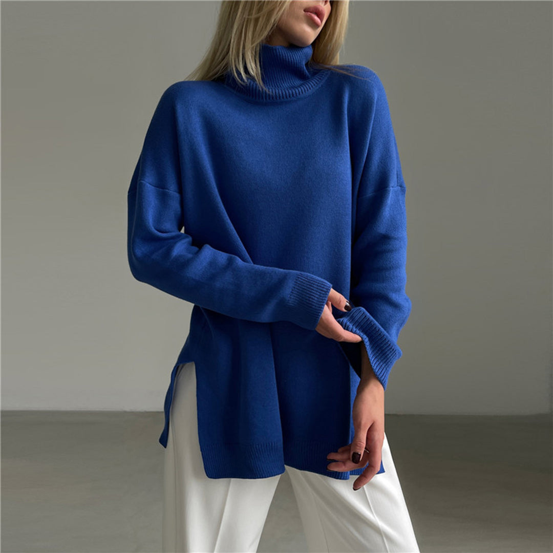 Damen-Strickpullover, hoher Kragen, Viskose-Mischung mit Seitenschlitz-5