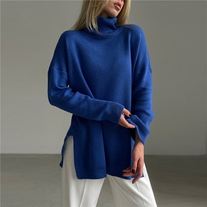 Damen-Strickpullover, hoher Kragen, Viskose-Mischung mit Seitenschlitz-5