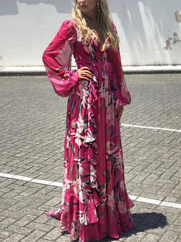 Damen-Langarm-Kleid, V-Ausschnitt, Hoher Bund-1