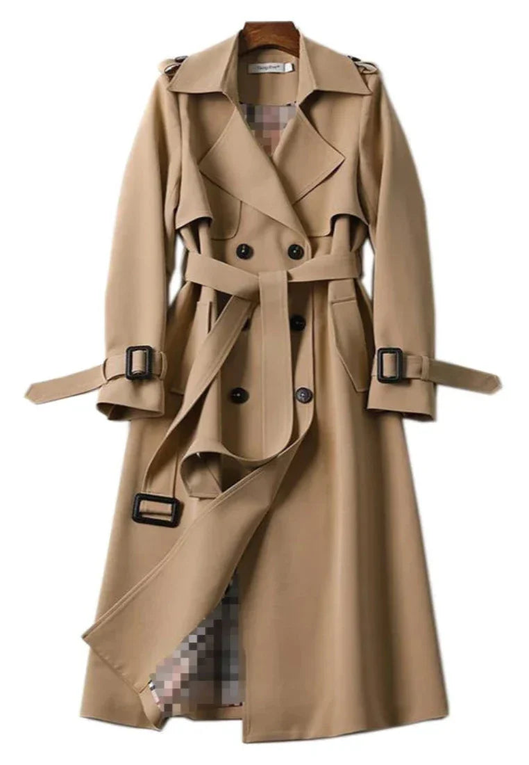 Damen-langer Mantel, doppelt, Reihe, Knöpfe, Polyester, mit Gürtel 1