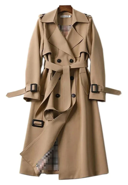 Damen-langer Mantel, doppelt, Reihe, Knöpfe, Polyester, mit Gürtel 7