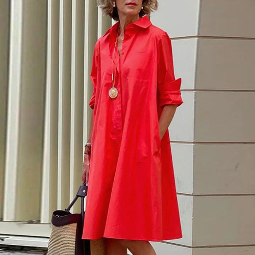 Damen-Midi-Kleid, A-Linie, Polyester, mit Umlegbarer Kragen-1