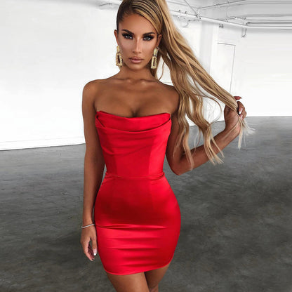 Damen-Minikleid, rückenfreier Satin, über dem Knie-1