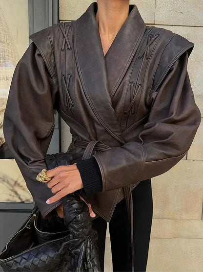Damen-Ledermantel, modernes Design mit Schnürung, hochwertiges Leder 2