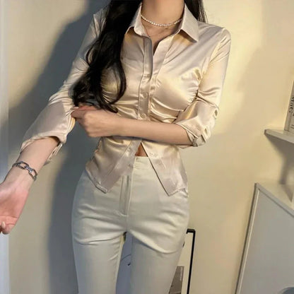 Damenbluse Satin mit Rüschen elegant für formelle Anlässe-2