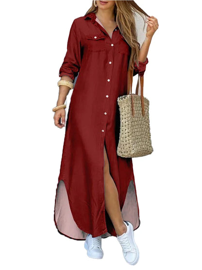 Damen-Hemdblusenkleid, langärmeliges atmungsaktives Material-1