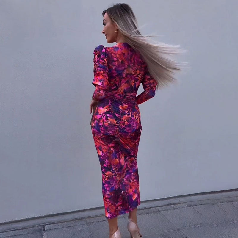Damen-Maxikleid, fließendes Polyester, lange Ärmel, für Sommer-4