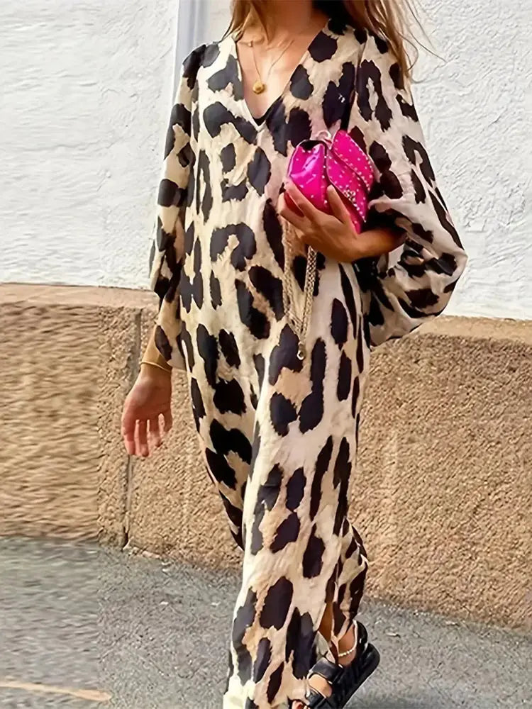 Damen-Kleid, Leopardenmuster, Drei, Viertel, Ärmel, lockerer Schnitt, luftig, Stoff-3