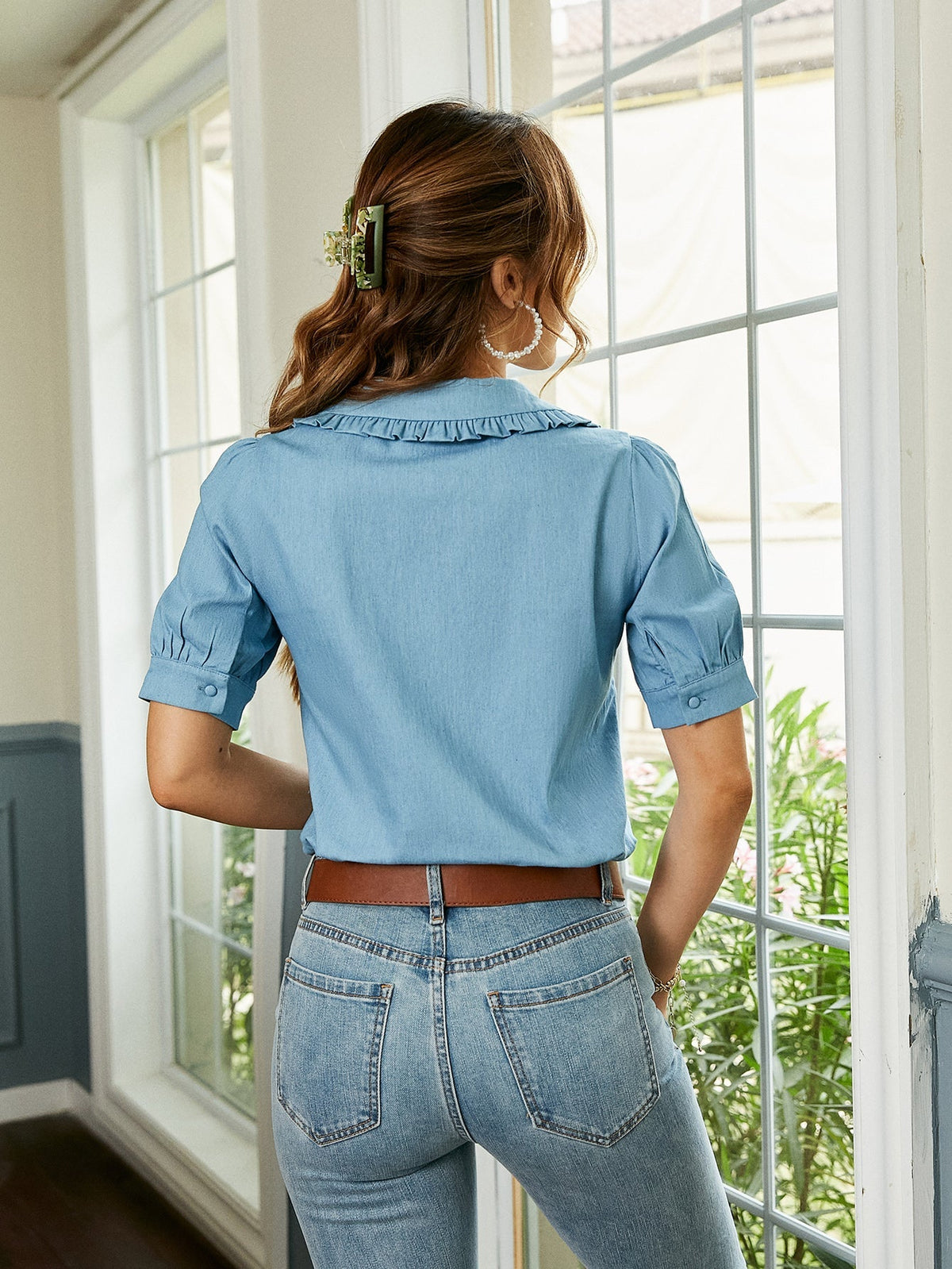 Damen-Jeansbluse, Blumenmuster, kurze Ärmel, Baumwolle-5