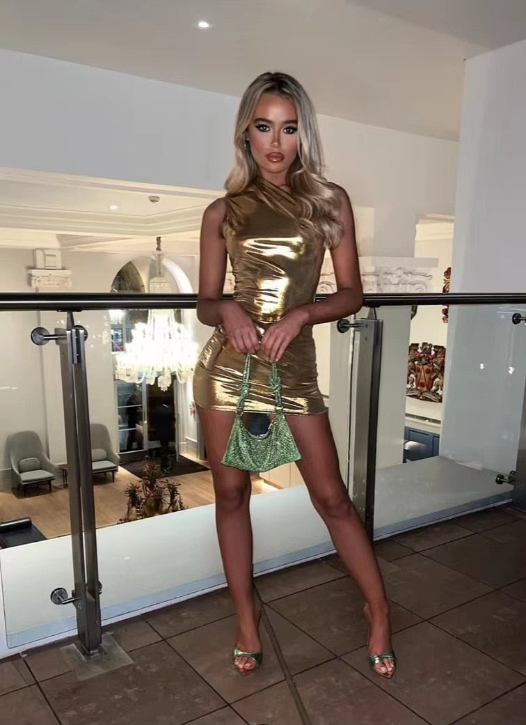 Damen-Minikleid, glitzernd, einschulterig, Polyester-1