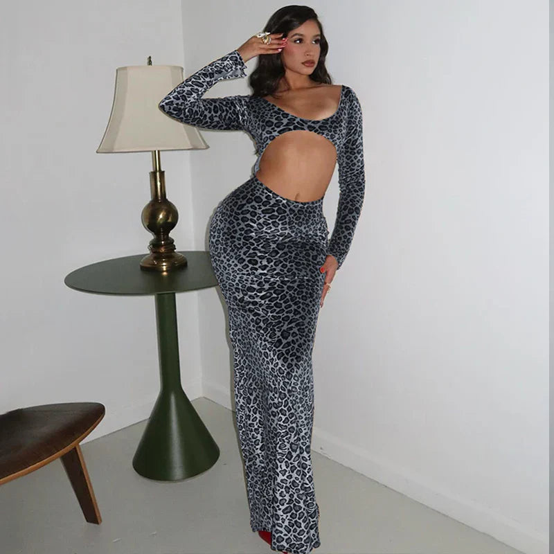Variant image for Maxikleid Damen Leopardenmuster Figurbetont Polyester Spandex-7