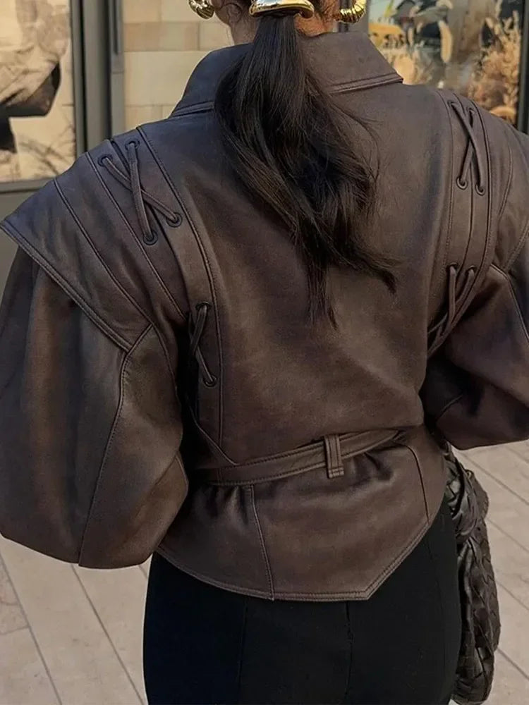 Damen-Ledermantel, modernes Design mit Schnürung, hochwertiges Leder 6