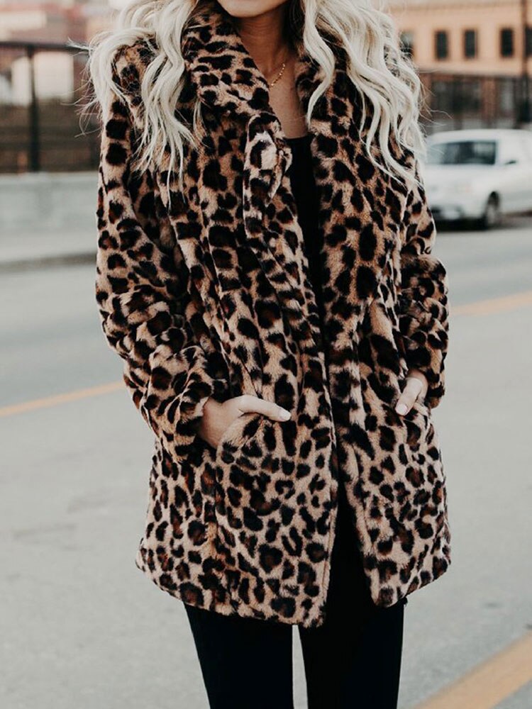 Damen-Wintermantel, Leopardenmuster, Kunstfell, elegant, lässig-2