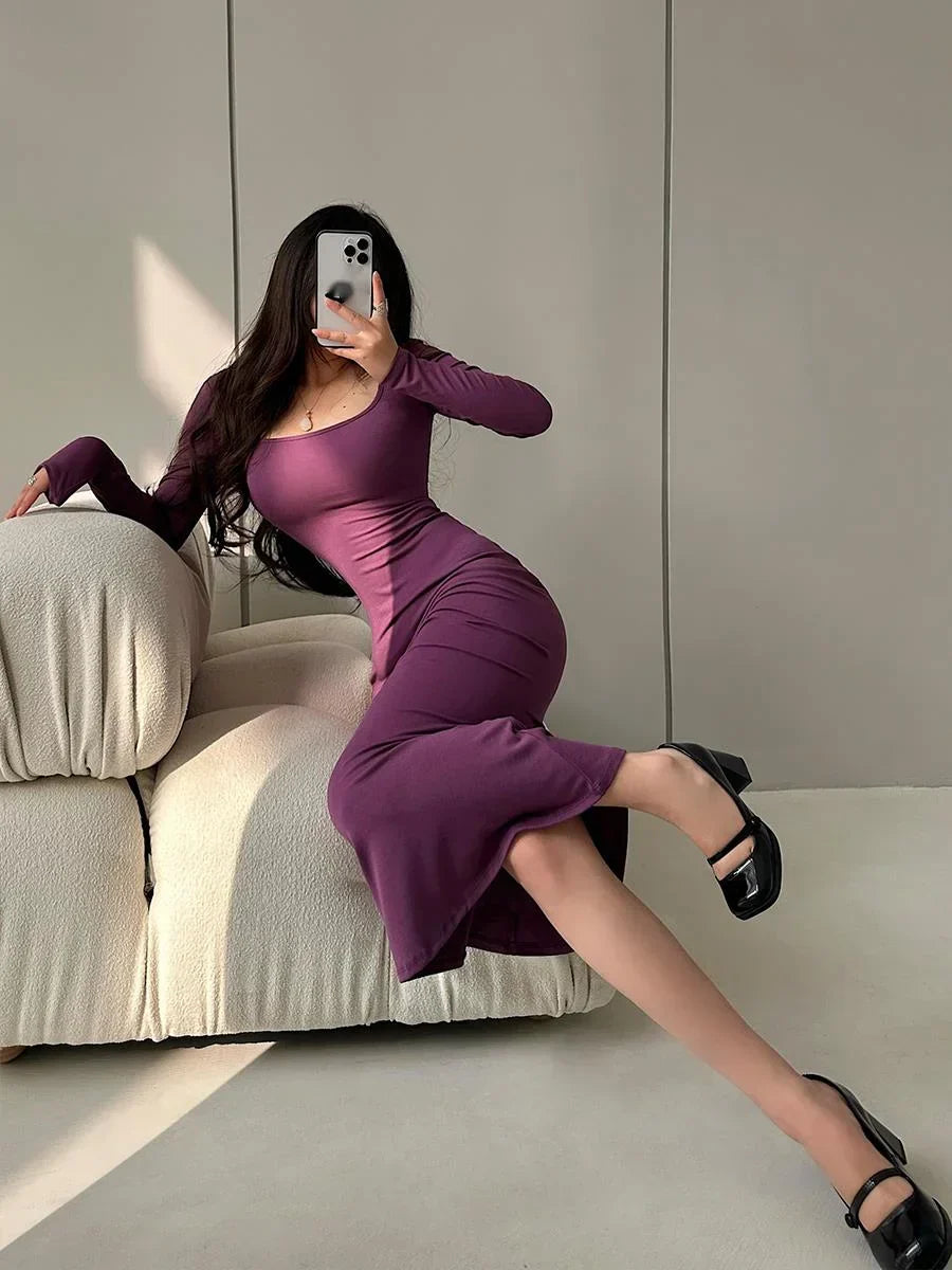 Damen-Maxikleid, Pullover-Design, Polyester und Baumwolle, Vollänge-2