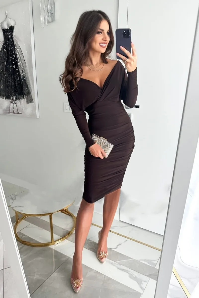 Damen-Kleid, langärmelig, V-Ausschnitt, Polyester, elegant-5