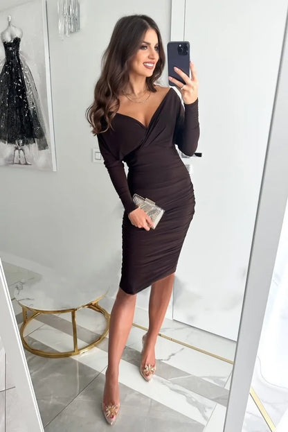 Damen-Kleid, langärmelig, V-Ausschnitt, Polyester, elegant-5