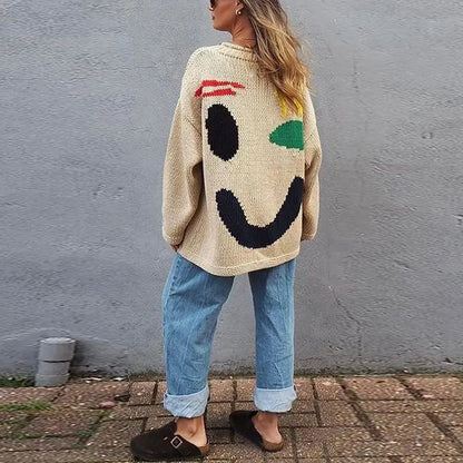 Damen-Strickpullover, oversized, boho, aus weichem Material, mit Smiley-Design-3