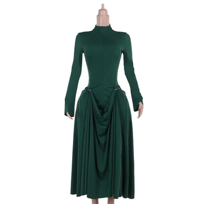 Maxikleid Damen Drapiert Hoher Halsausschnitt Hochwertiges Material-4