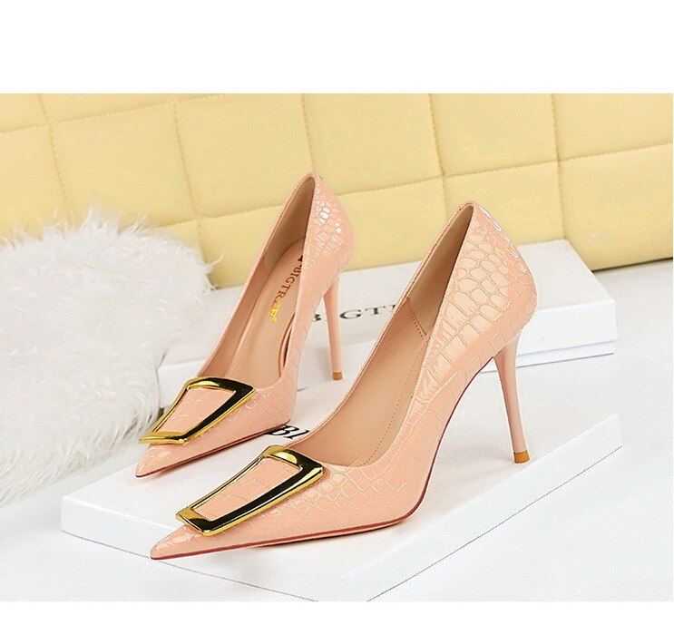 Damen-Stilettos, Krokodilprägung, PU-Leder, spitze Zehe-6