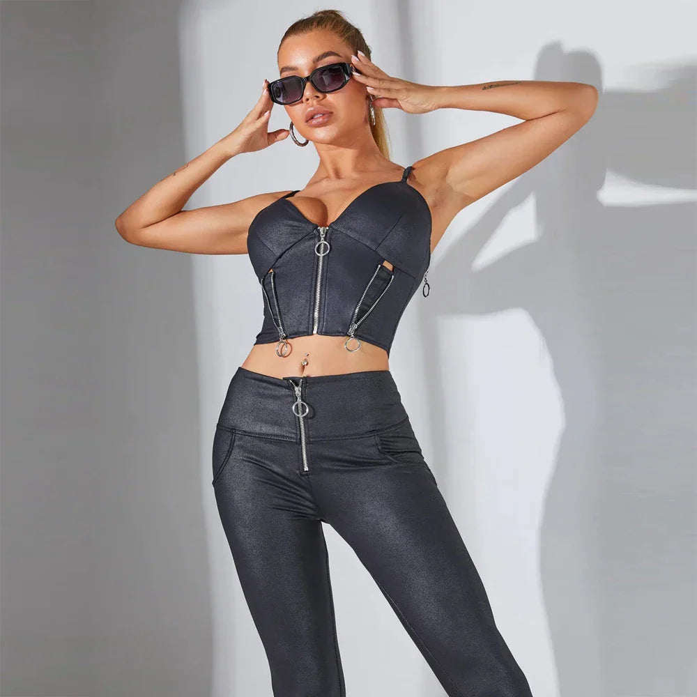 Damen-Hose, hohe Taille, schmales Elasthan, Polyamid-2