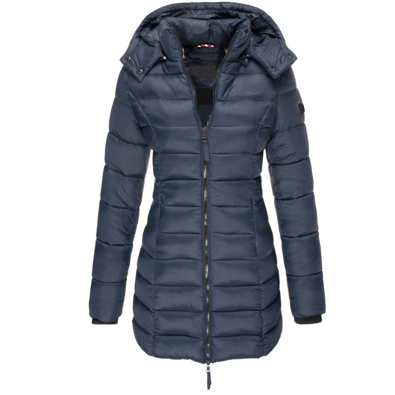 Langer Damen Wintermantel mit Kapuze und Daunenfüllung für kalte Tage-2