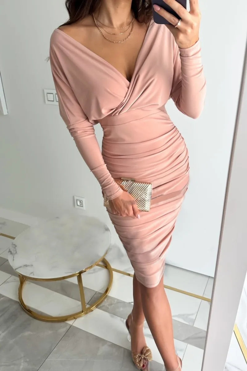 Damen-Kleid, langärmelig, V-Ausschnitt, Polyester, elegant-2
