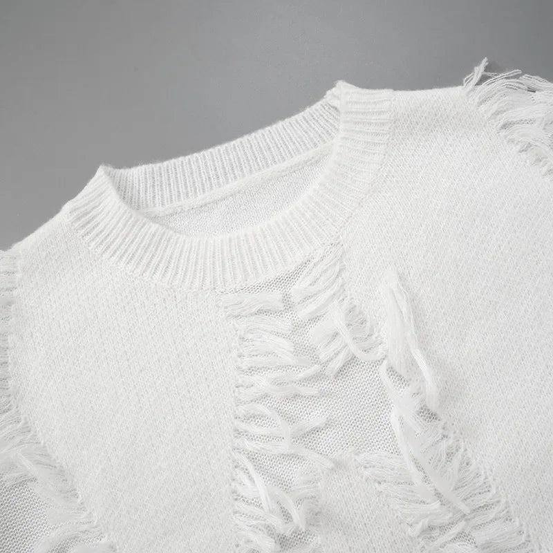 Damen-Oversized-Strickpullover, mit Fransen, gemischter Stoff-5