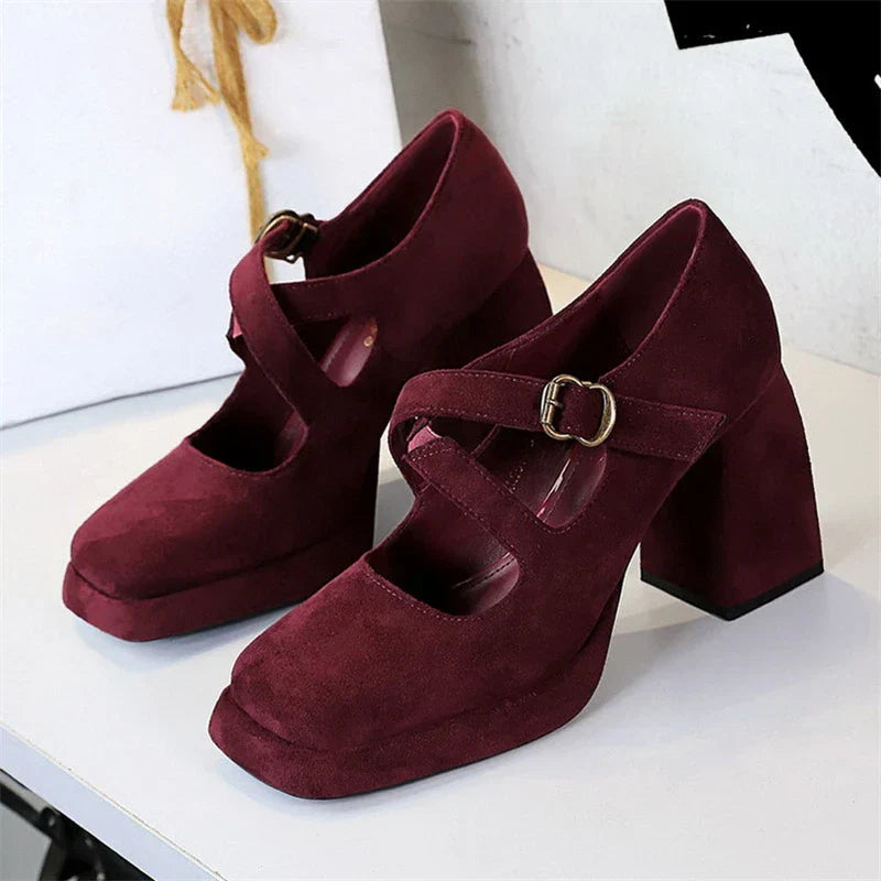 Damen Schuhe Mary Jane Eckige Zehenpartie Flockmaterial Trendiger Komfort-4