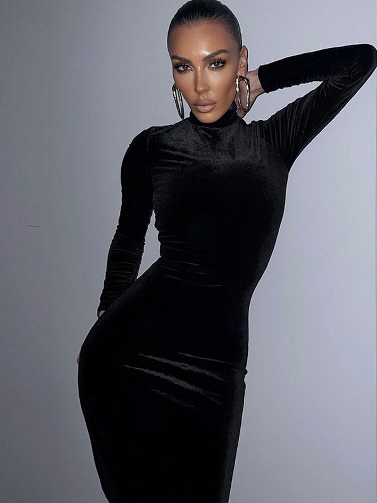 Damen-Maxikleid, minimalistisches Samt, langarm 3