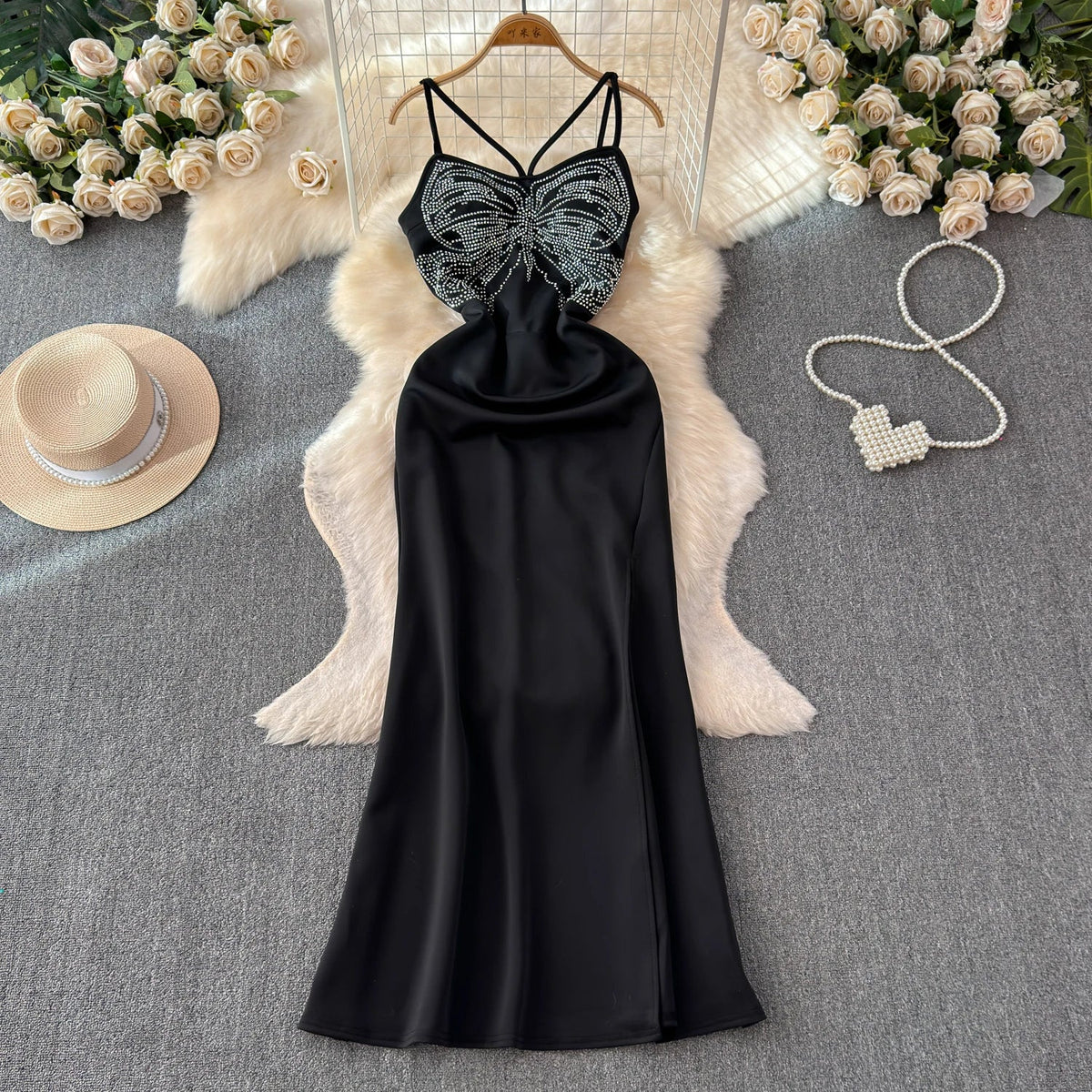 Damen-Maxikleid, V-Ausschnitt, Kristalldetails, Baumwolle, Polyester, Elasthan 9