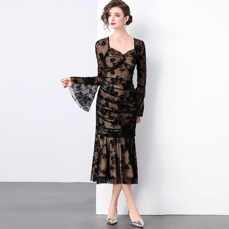 Variant image for Damenkleid Midi Eckiger Ausschnitt Beflocktes Detail Baumwolle Polyester-1