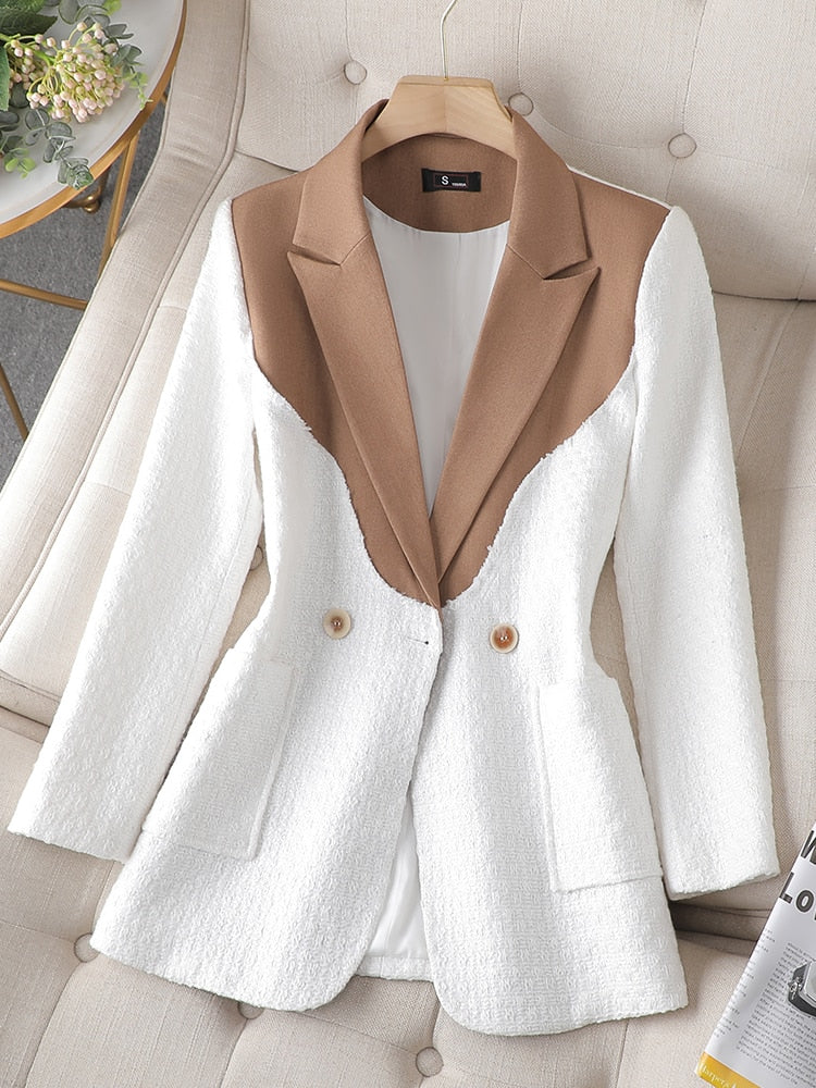 Damen Blazer mit Umlegekragen in Synthetikfaser, Elegantes Patchwork Design, Zeitlos Full Länge-1