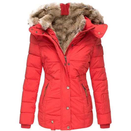 Langer Wintermantel für Damen mit Wollkragen und Reißverschluss - schwarzes Polyester für Wärme und Stil 1