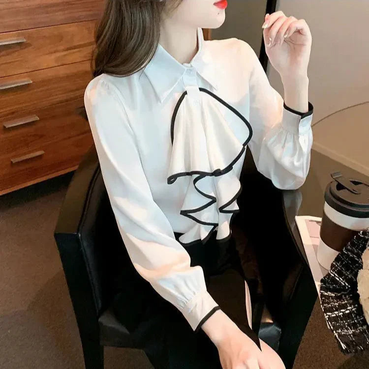 Damen Bluse Klassisch Monochromes Polyester Lange Ärmel-5
