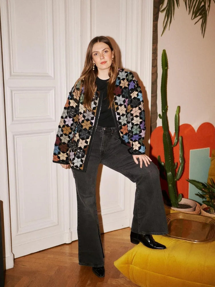 Damenjacke Retrostil Gestepptes Design Polyester für Damen-3